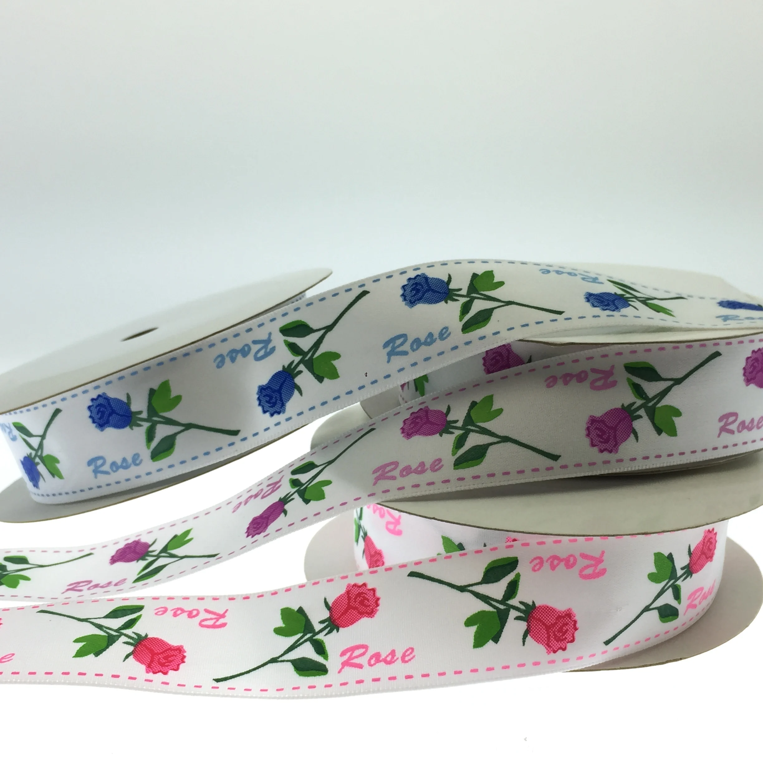 Fancy silk screen rose printing satin woven ribbons