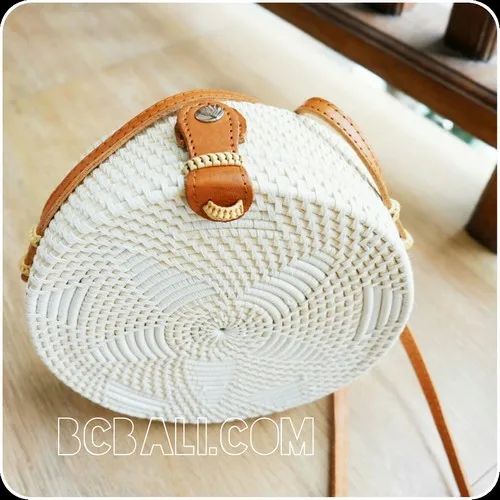 Straw Rattan with White Rafia Motif Handle Leather Circle Round Strap Beach Bali Bag Handmade New Trend Fashion