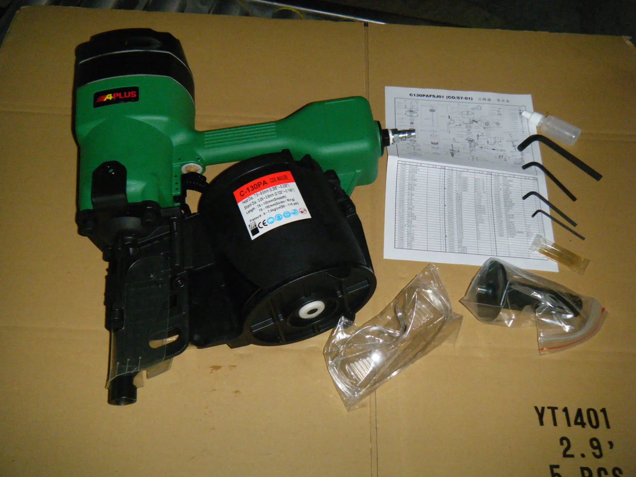 APLUS C-130PA , CN130 COIL NAIL GUN  LENGTH IS 75mm-130mm SHANKS IS 3.05mm to 3.8mm DRIVING POWER 124.13 ft-lb