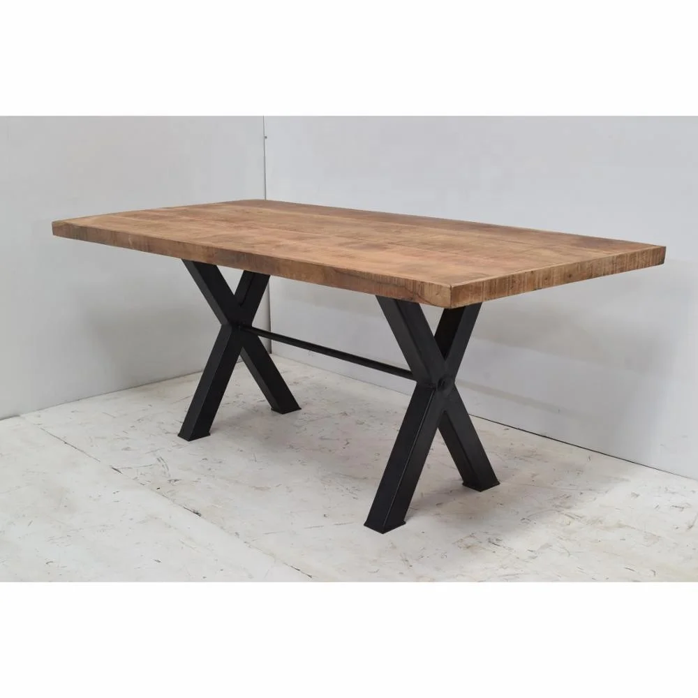 Top Quality Industrial Modern Style Solid Wooden Top and Iron Base X Shape Design Legs Dining Table for Home Hotel Restaurant