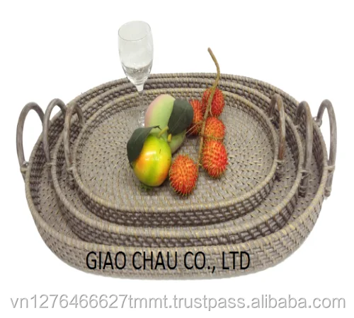 Набор из 3 овальных лотков из ротанга с ручкой/натуральные материалы, сделано в вьетнаме