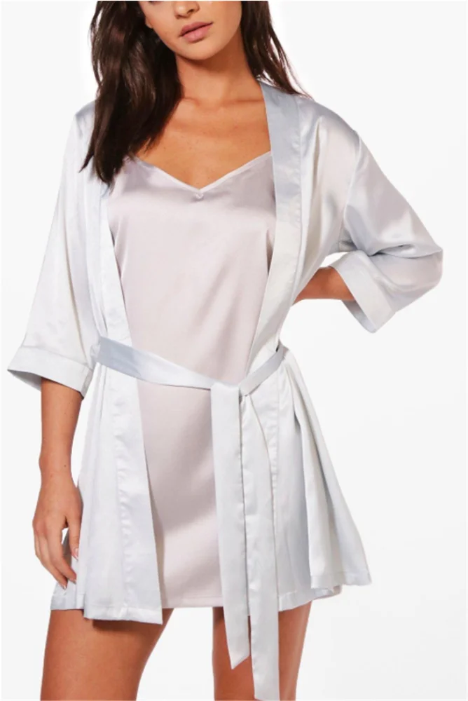 
MGOO OEM Satin Short Kimono Robe Pure Color Night Dress Bathrobe with Oblique V Neck for Women 
