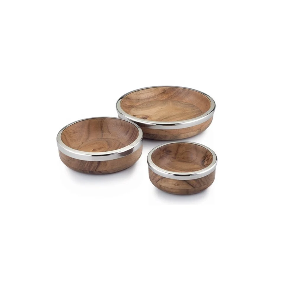 teak wood bowl with metal base and border