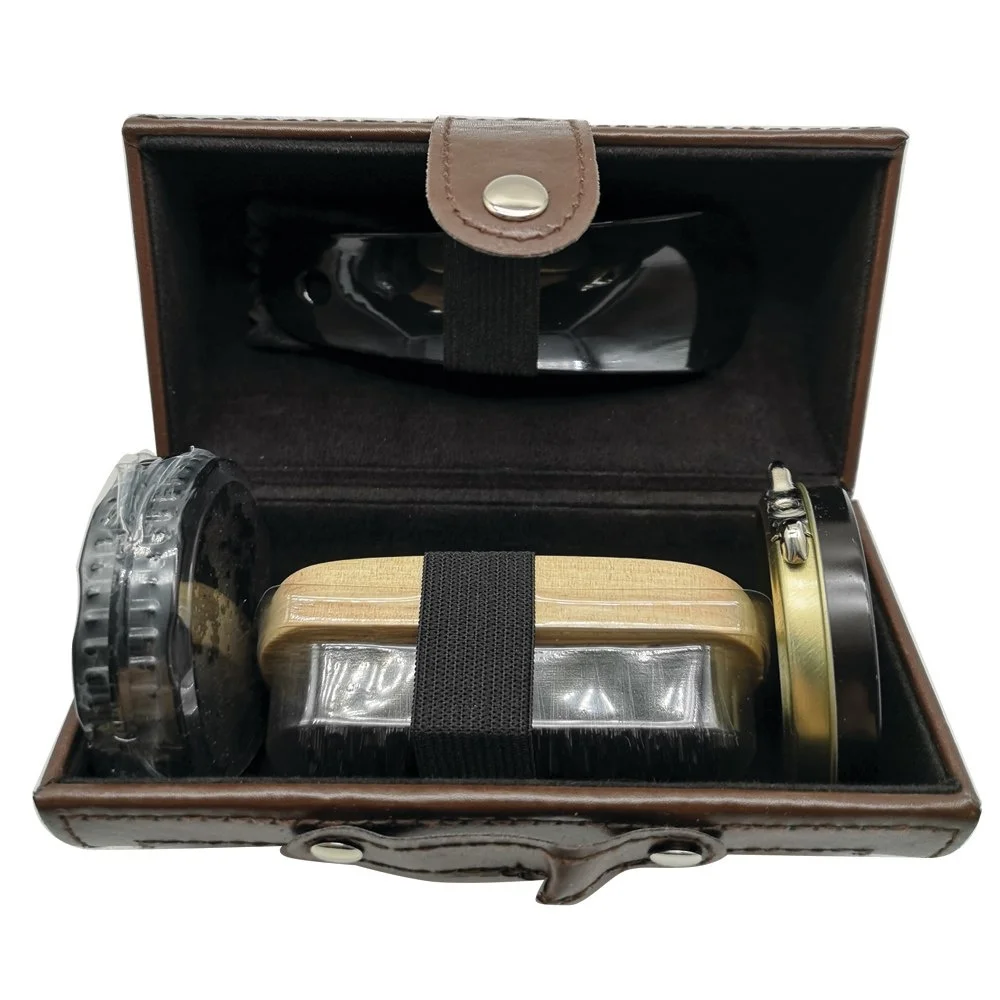 
Manufacturer OEM High Quality Man Gift Hotel Home Outdoor Traveling Portable PU Leather Case Shoe Wax Shoe Polish Shoe Shine Set 