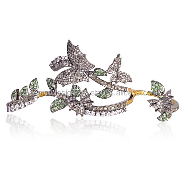 Natural Sapphire Pave Diamond Flower Design Four Finger Ring Gold Silver Jewelry