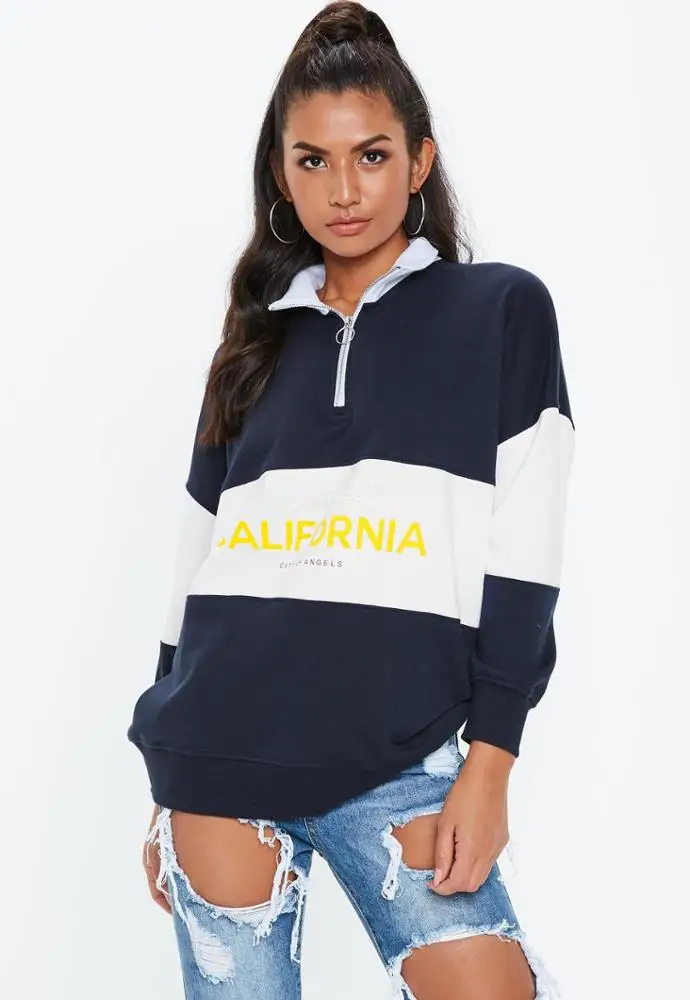 MGOO Women Custom Logo Print Colorblock Navy Quarter Zip Sweatshirts