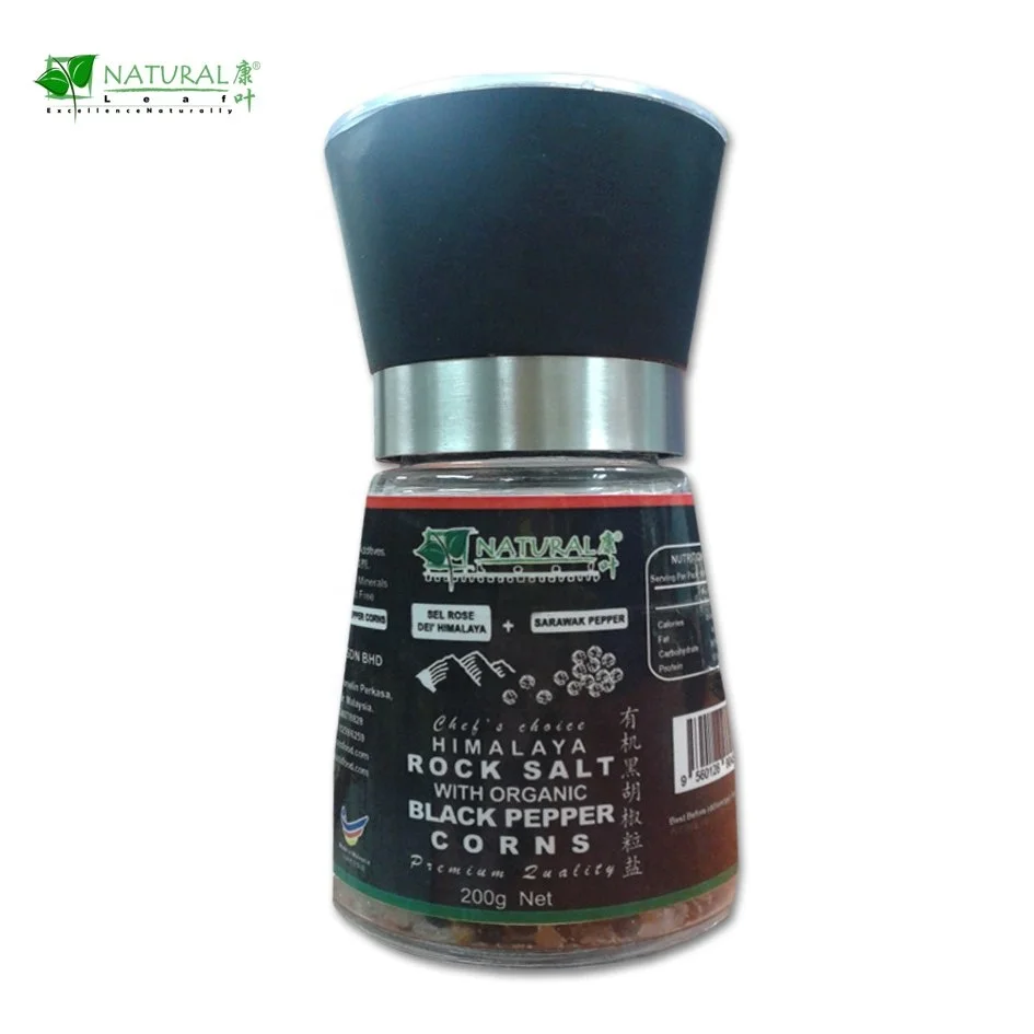 200g Natural Leaf Himalaya Rock Salt with Black Pepper Corn (with grinder)