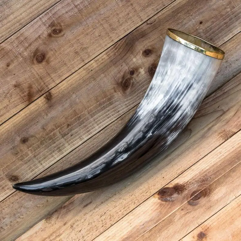 Indian Quality Natural Viking Drinking Horn with Horn Stand Carved Antique Viking Drinking Horn with Brass Rim