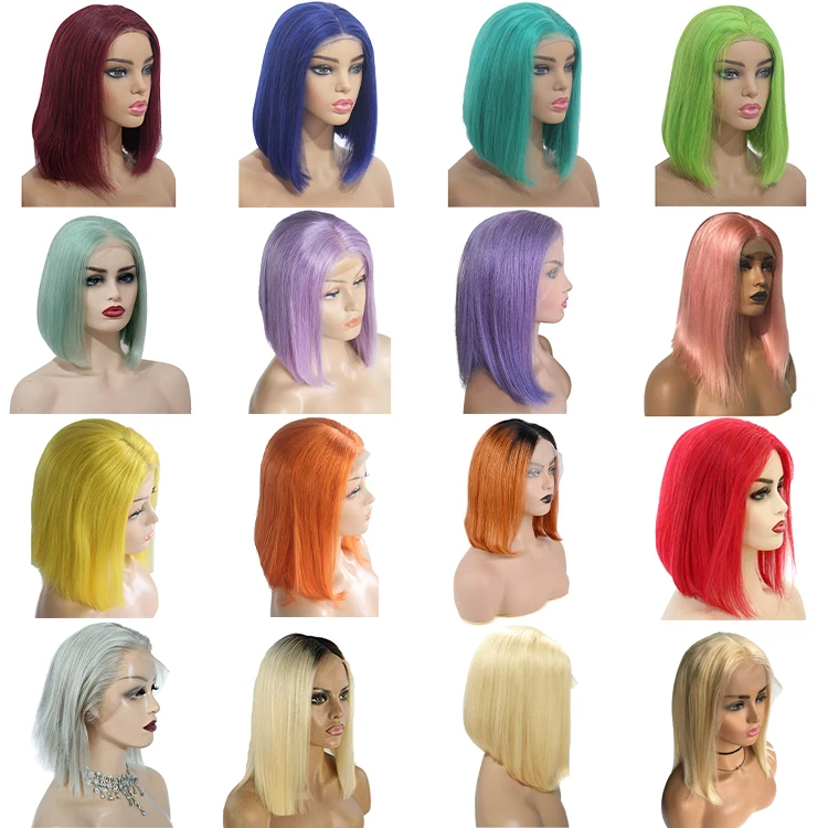 Cheapest Price Colored Straight Human hair Red Lace Front Short Bob Wig with Pixie Cut Virgin Hair Colorful Wig For Sale