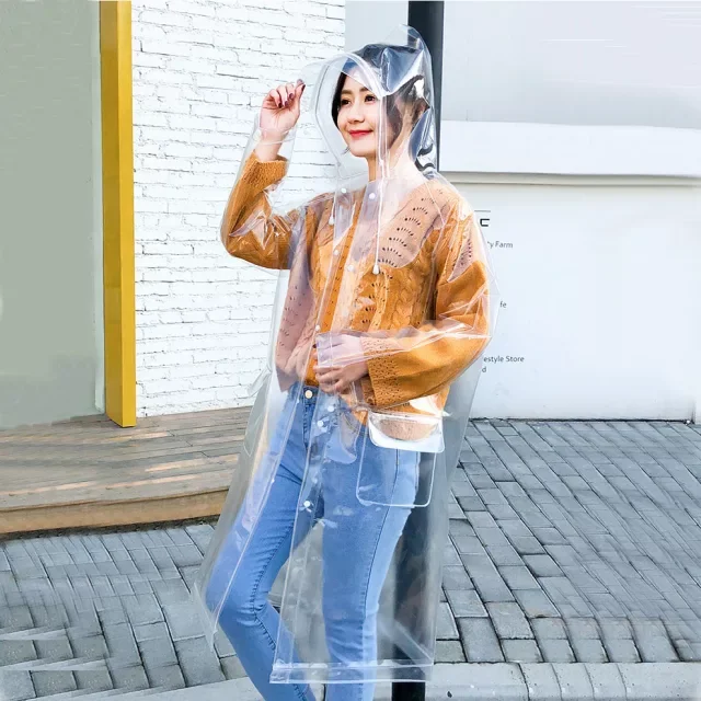 Wholesale Adult Transparent Plastic Raincoat Fashion Clear Long Rain Jacket Ladies With Hood Rain Jackets