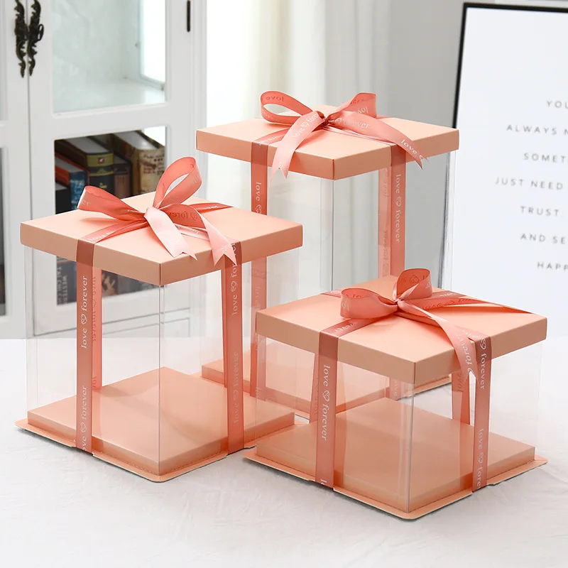 Wholesale Plastic Pink Tall Clear Cake Boxes For Wedding Birthday Anniversary Baking Cookie Display Transparent gift box