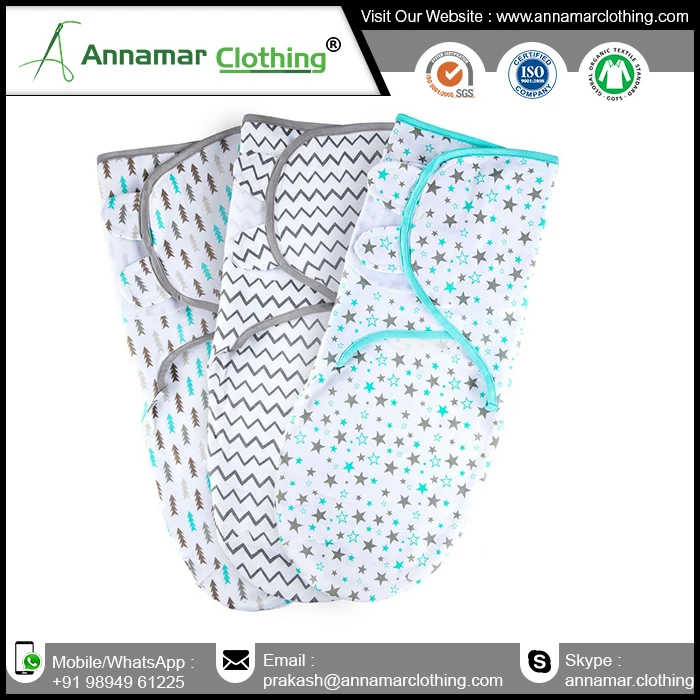 High quality organic cotton 220 GSM baby adjustable swaddle wrap made in India with custom logo an label