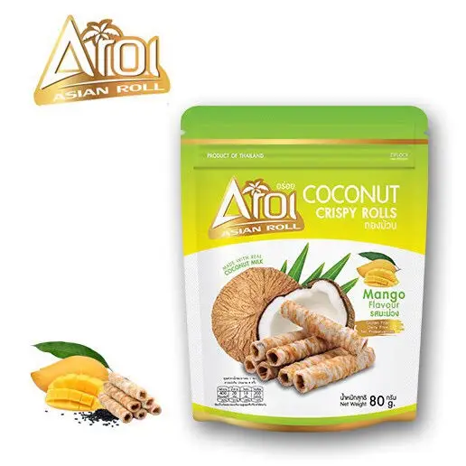 Fresh Coconut Milk, Mango Flavor, Crispy Coconut Rolls Made From Real Coconut Milk Gluten Free And Mango Smoothie.