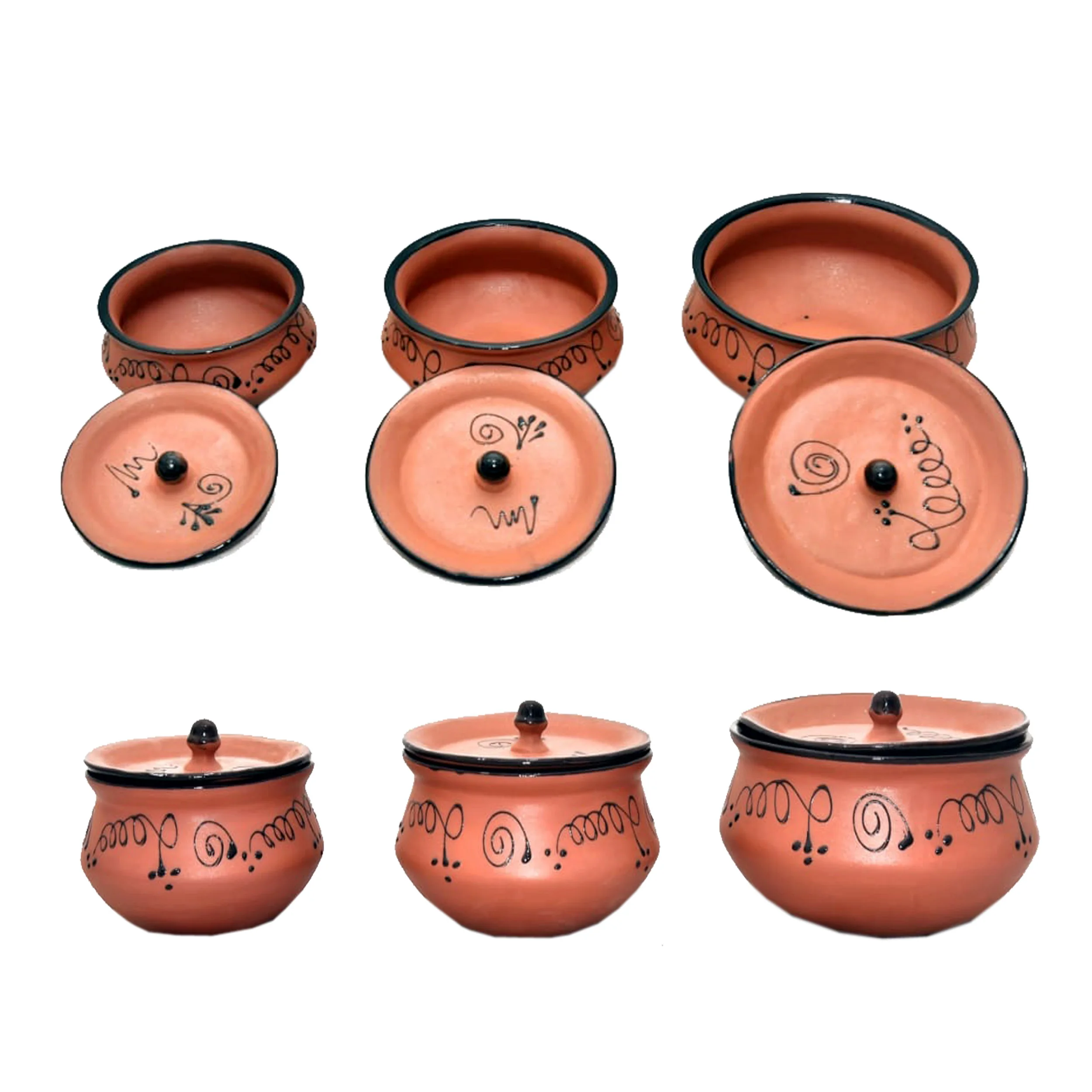 Round natural clay cooking  utensils set glazed terracotta clay indian mathani set handmade pottery of traditional style