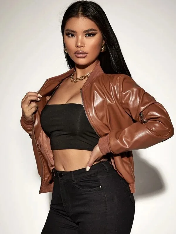 High Quality Zipper Customized Solid Brown Full Sleeved Drop Shoulder 100 % Leather Jacket For Woman