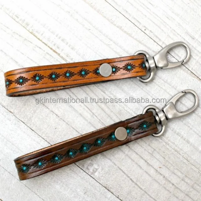 Custom design Tan leather key chain soft 2D hand tooled and engraved turquoise key ring with satin finish hardware