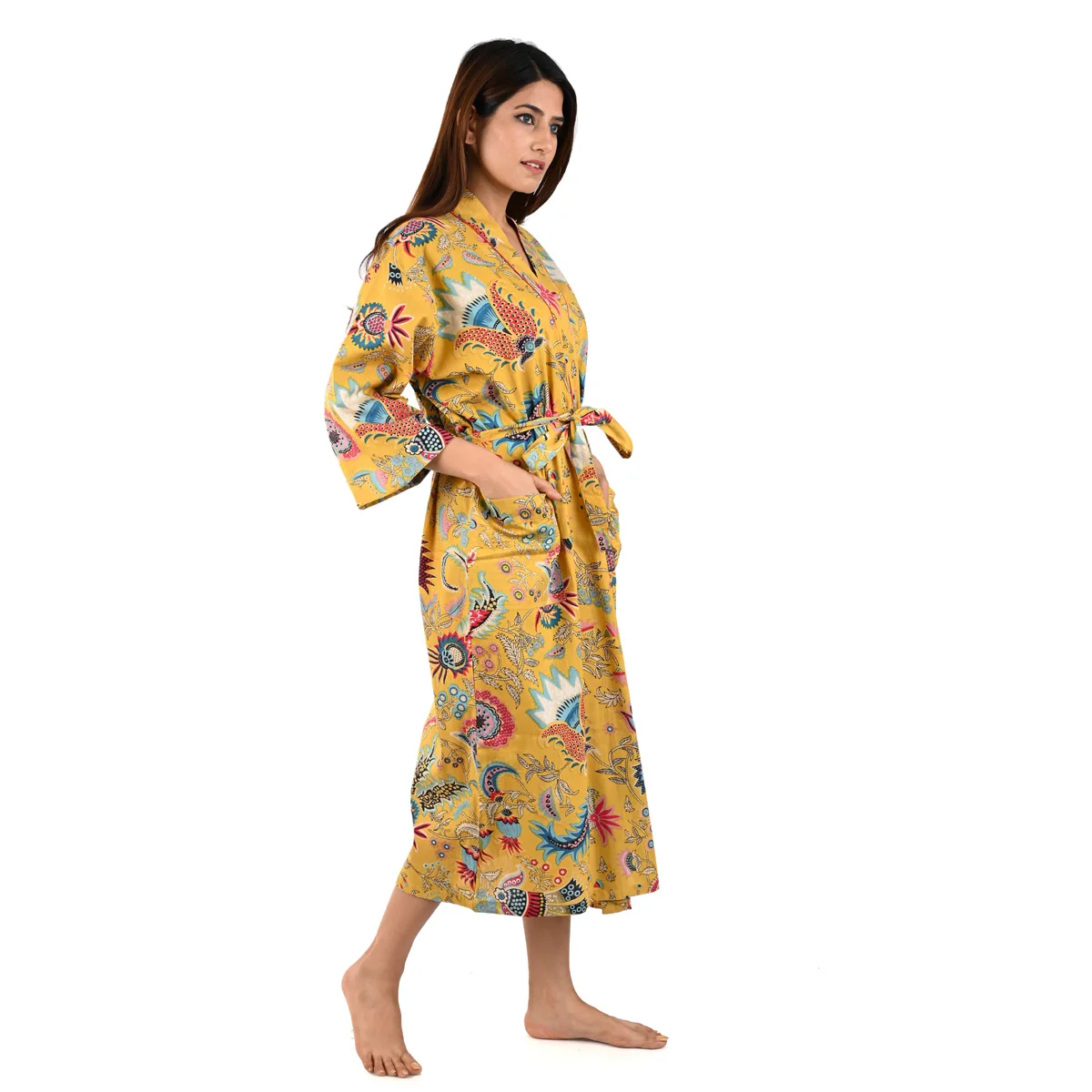 Женское длинное банное кимоно из хлопка с принтом