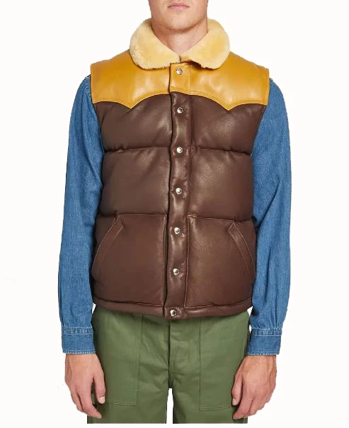 Men Down Leather Jacket Vest Shearling Collar Puffer Quilted Casual Fashion Sleeveless Padded Winter Jacket Vest OEM Wholesale