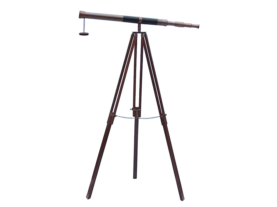 Antique Brass Telescope with Brown Leather Shelted Admirals Floor Standing Antique Copper with Wood Stand Telescope