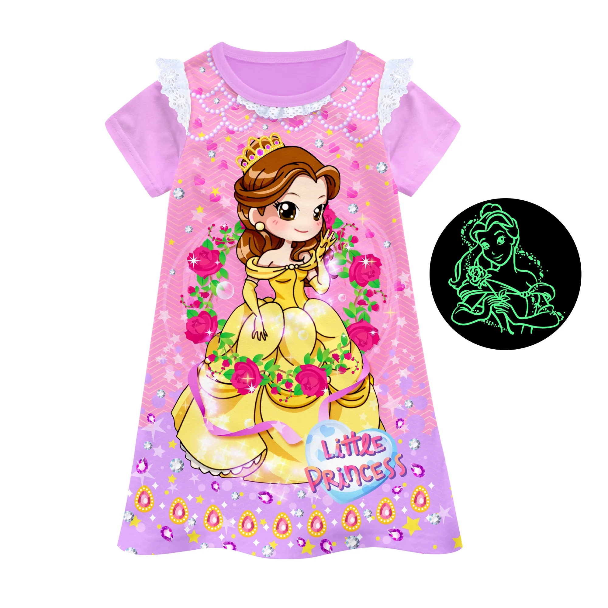 B0477SSLittle Girls short sleeves princess night dress  glow in the dark cartoon nightgown kids sleepwear