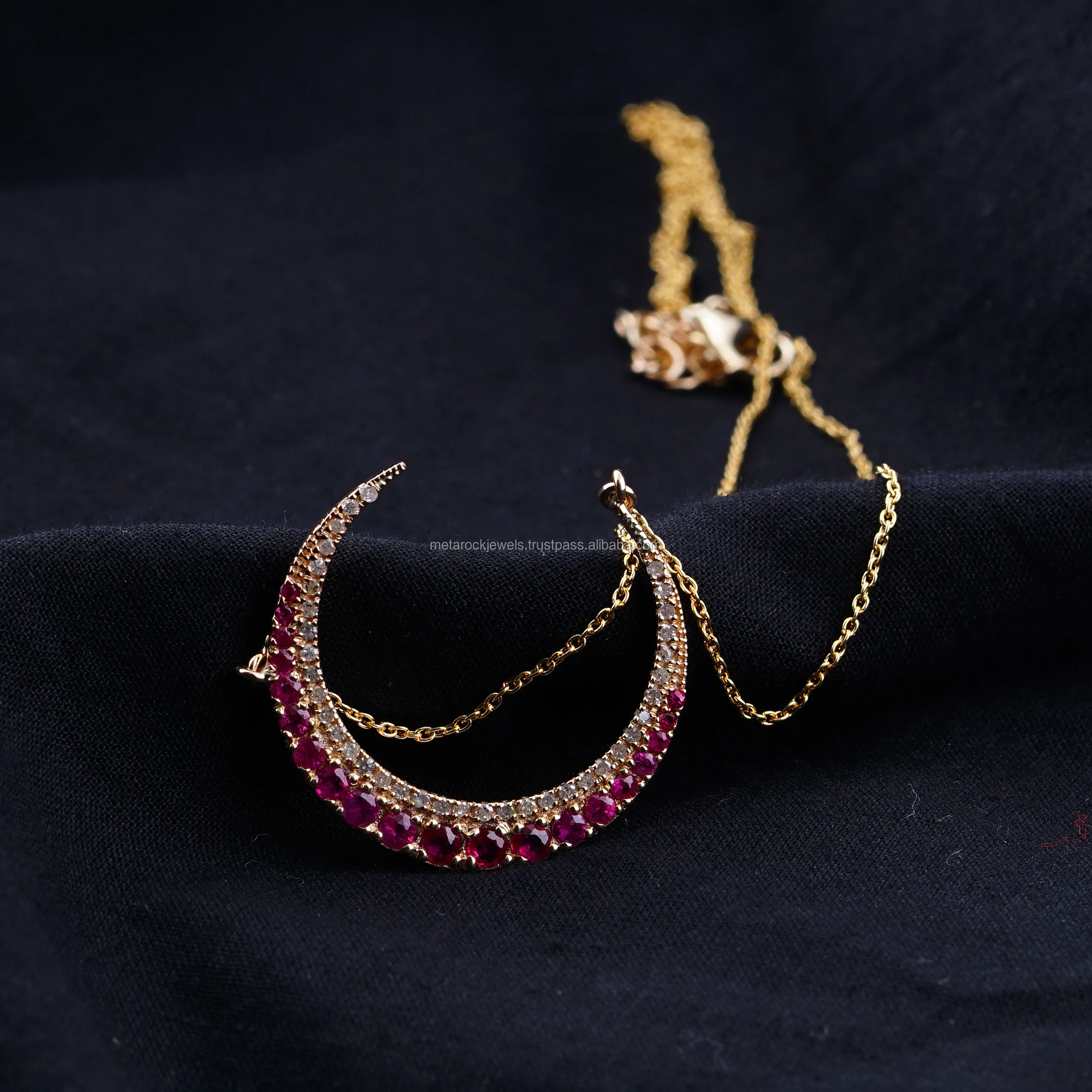 Genuine Pave Diamond Ruby Crescent Moon Pendant 14k Gold Chain Necklace Fine Jewelry