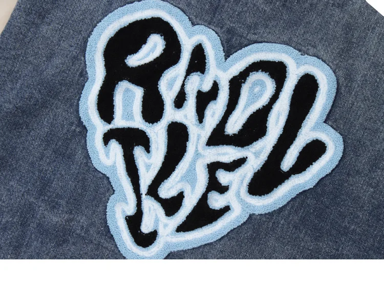 American Retro Hip Hop jacket Love Washed Denim PU Leather Sleeves Embroidered Oversize jacket Baseball varsity jacket Unisex