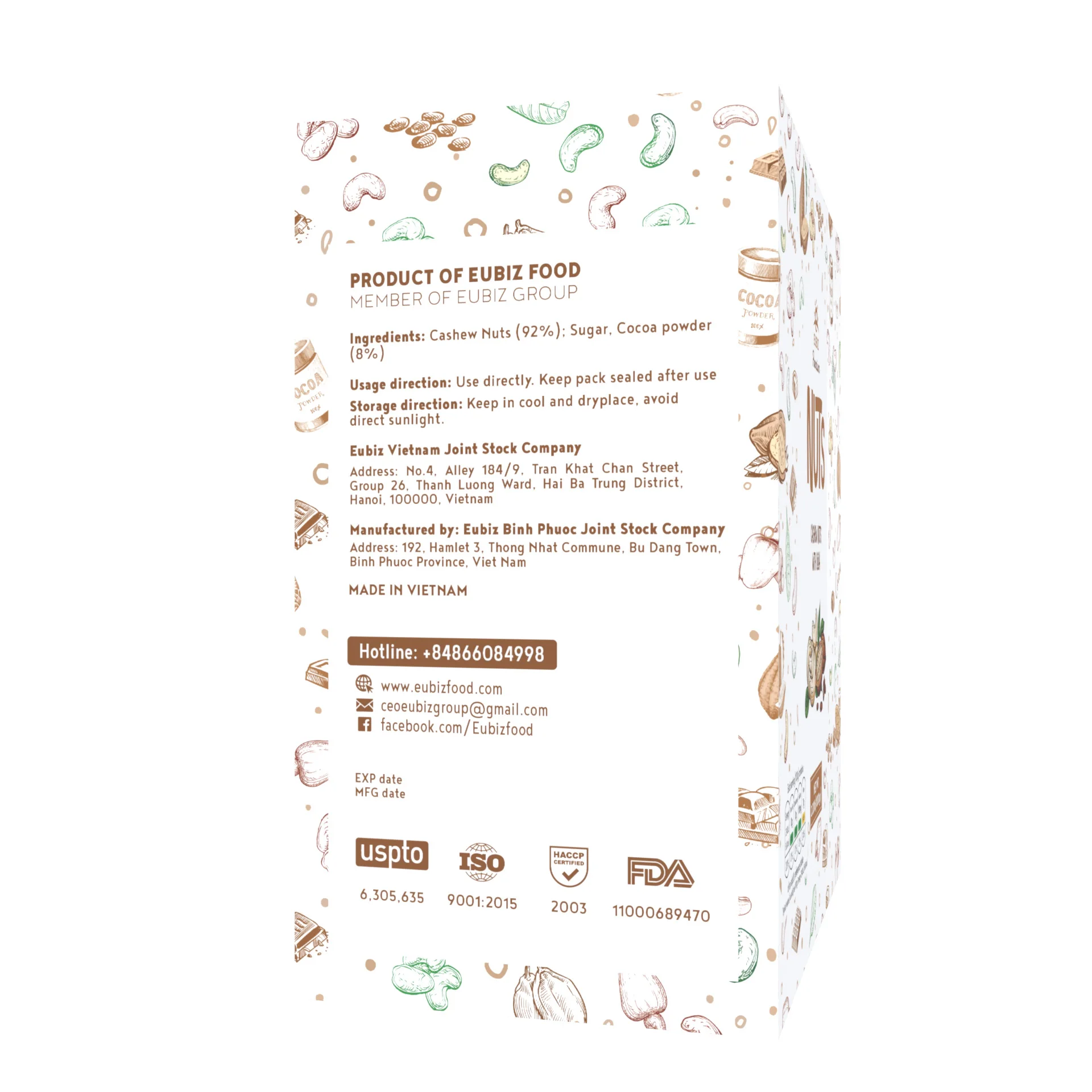 EUBIZ-орехи кешью-Аромат: коробка какао (бумага) 1000 г (35 3 унции)-сделано во Вьетнаме-органические закуски для веганов