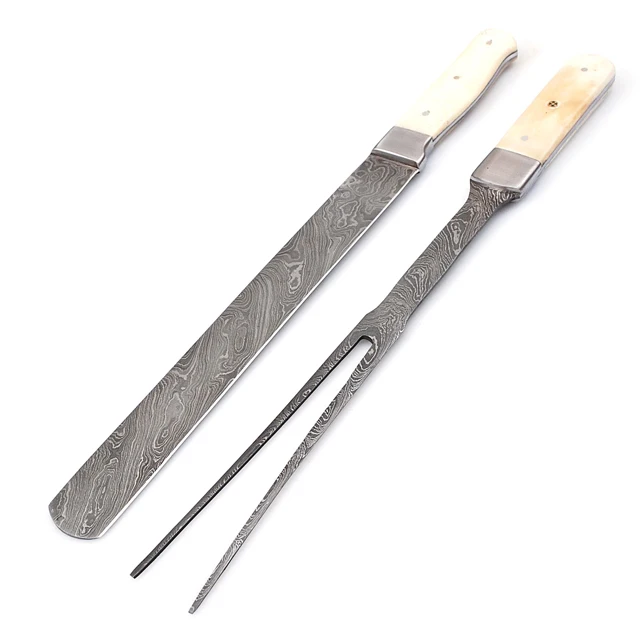 02-Piece Custom Hand Forged Damascus Chef BBQ Knives Fork Set High Quality Steel Kitchen Knife Sharp Features Boning Material