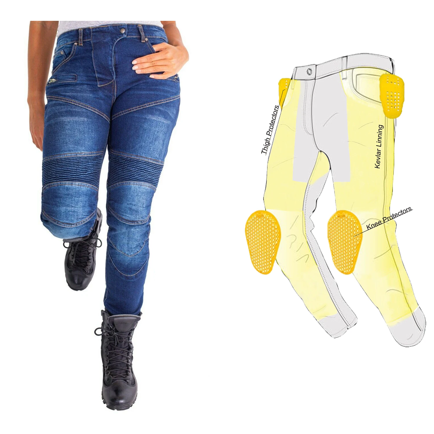 Fashionable ribbed style bikers A Kevlar lining jeans for rider girls, CE protective jeans for ladies, Prime Protection