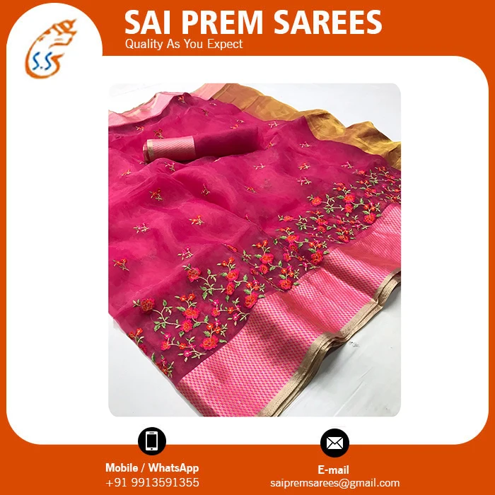 Beautiful Hand Work Saree With Tissue Work And Golden Heavy Border From Indian Wholesaler