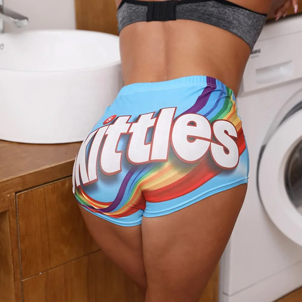 Custom Design Candy Snicker Skittles Spandex Skittles Booty Scrunch Women Snack Shorts