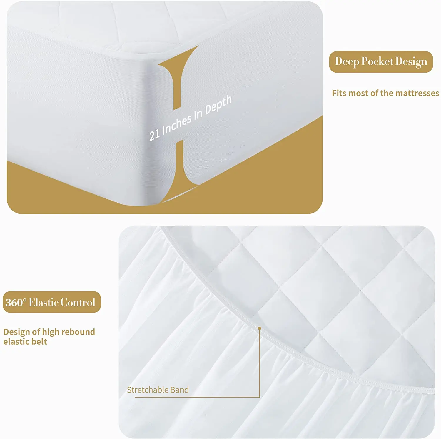 Quilted Fitted Full Mattress Pad Cover, Waterproof Mattress Protector, Deep Pocket Elastic Fits Up to 21', Breathable Soft