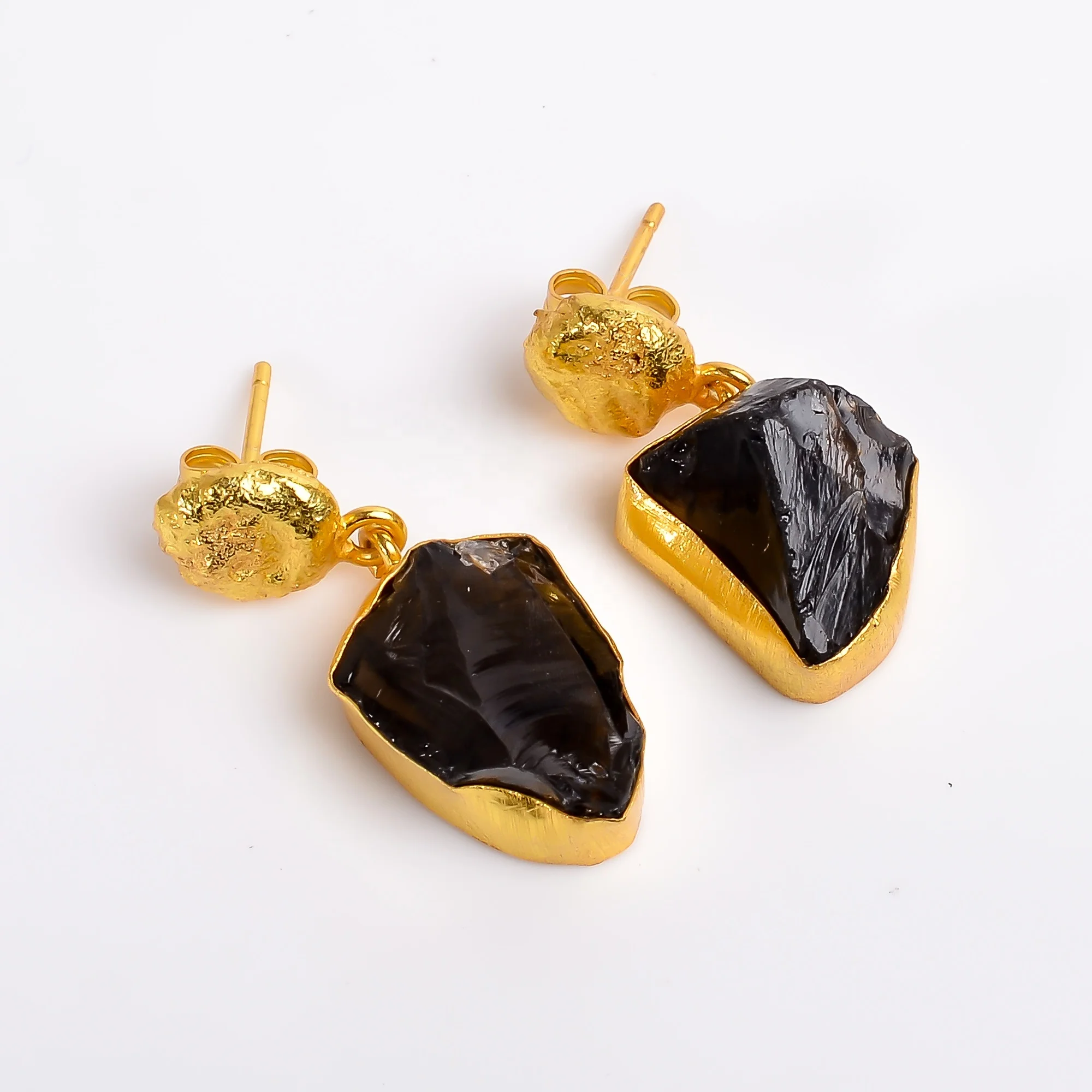 Fashion Beauty Fancy Shape Raw Aquamarine Gemstone Brass Earrings, Indian Gold Plated Brass Jewelry