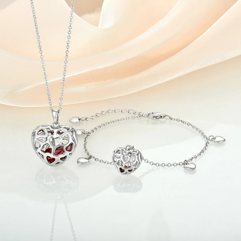 Natural gemstone Dubai Jewelry Sets Silver heart shape Hollow out Cubic Zirconia Red Stone Bracelet Necklace Set
