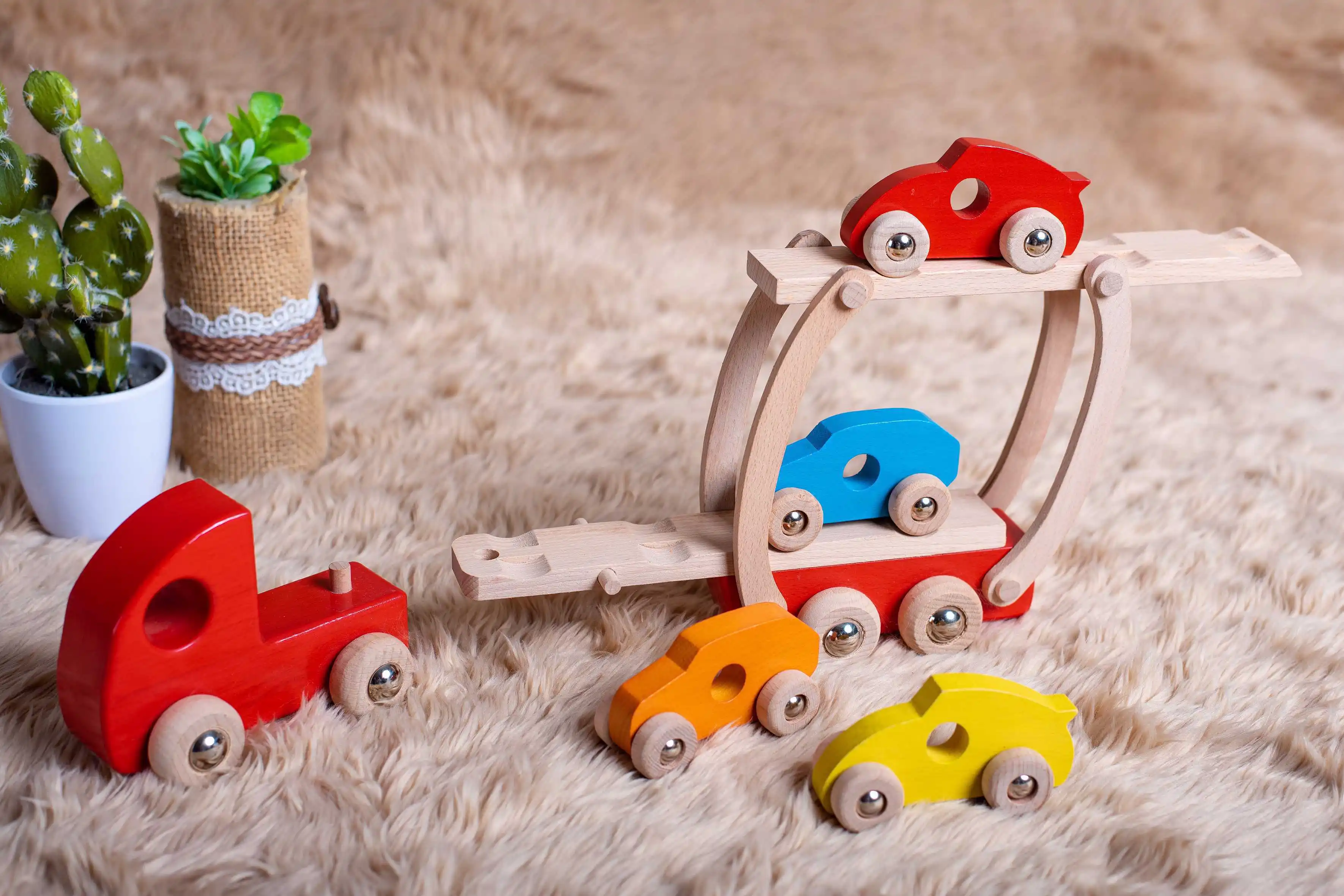 Personalized Wooden Car Transporter with Cars from Viet Nam