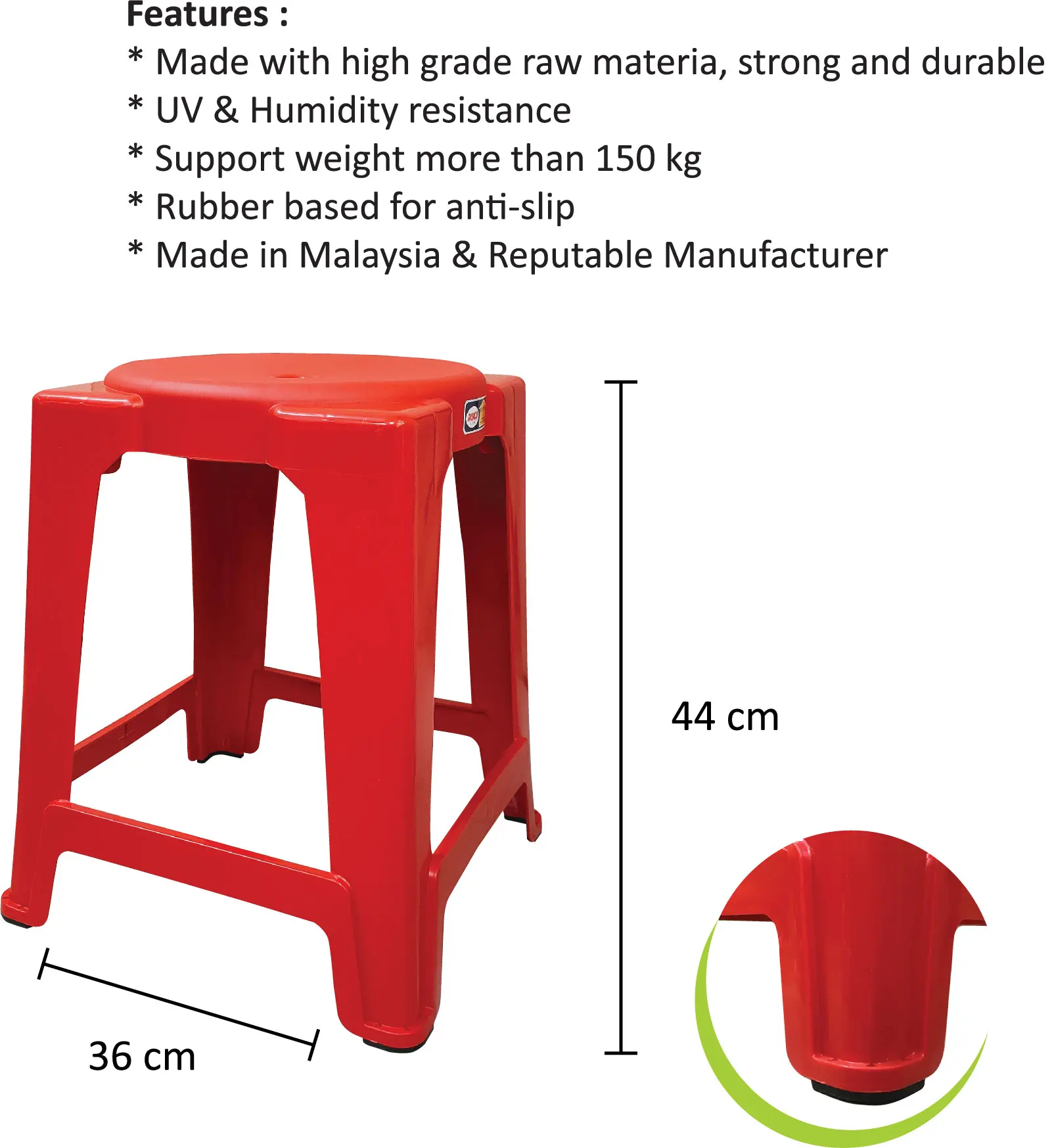 High Quality Malaysia Factory Wholesale Heavy Duty Plastic Stool Chair with Rubber Base