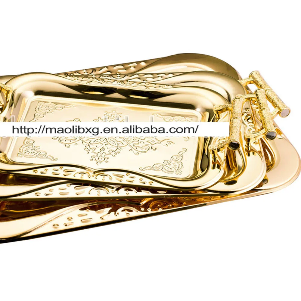 
High Quality Multi Sizes Golden Retro Square Metal Serving Trays Stainless Steel Hotel Party Food Plates Fruit Candy Trays 