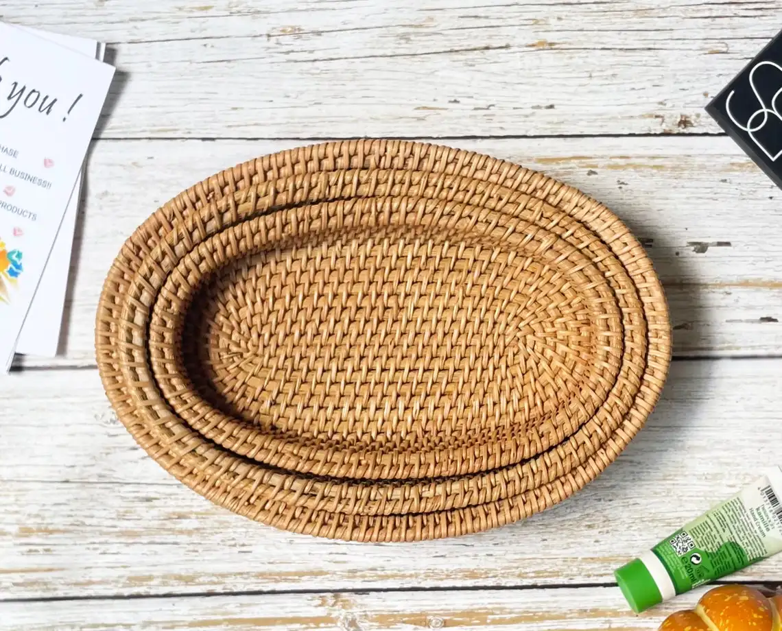 Oval Rattan Woven Tray  for Coffee Table, Woven Wicker Storage Basket for home office organization
