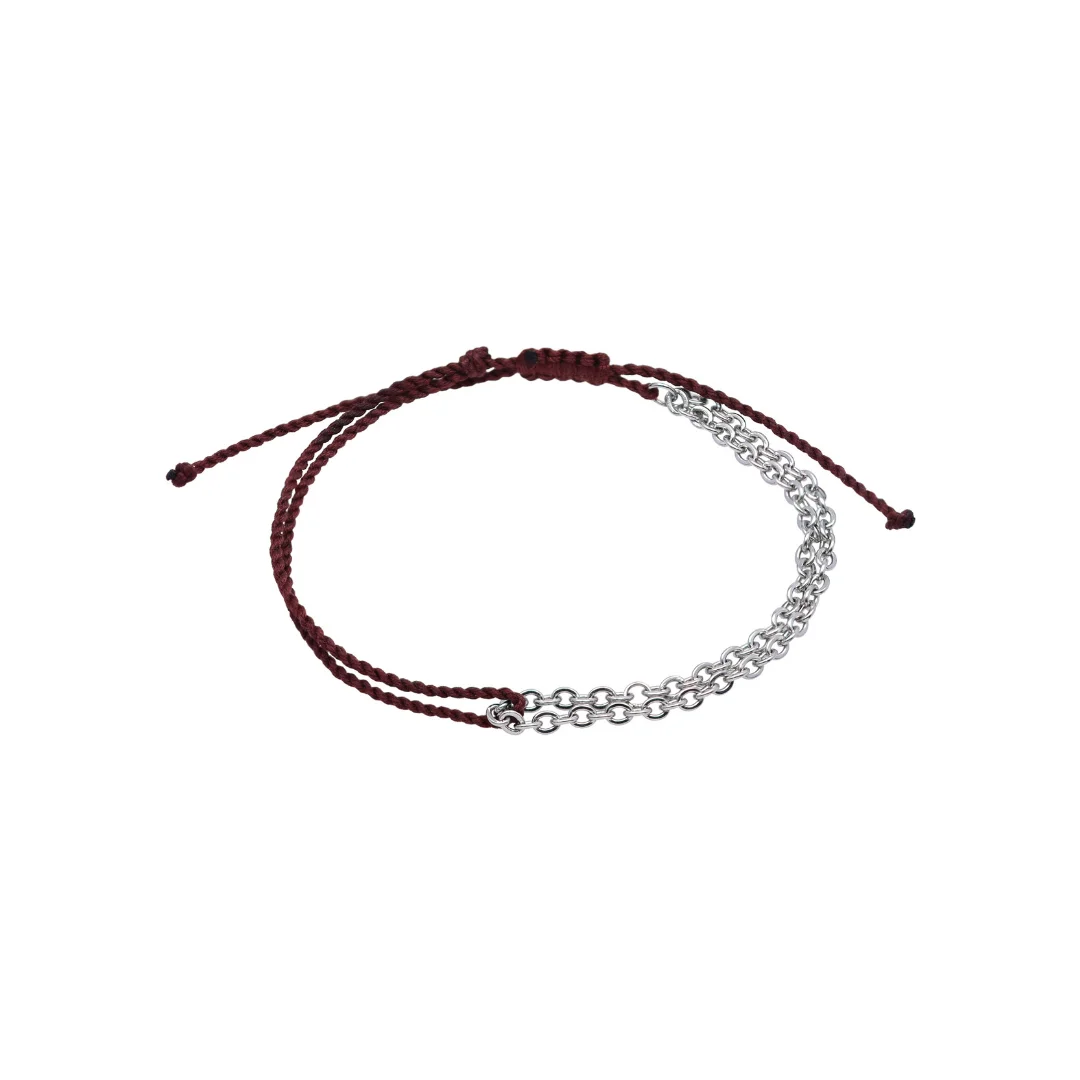 BRACELET WITH SILVER COLOR STAINLESS STEEL  CHAIN AND HANDTWISTED COTTON STRING