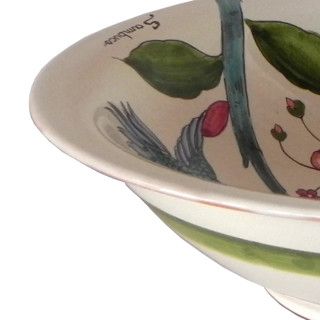 32CM / 12.6IN CERAMIC ROUND BOWL WITH BIRD AND FLOWER HANDMADE IN ITALY