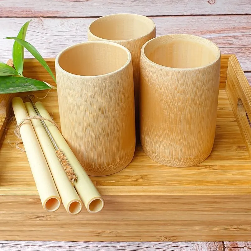 Bamboo Cups 100% Natural Eco Friendly Bamboo Cup Straws Coconut Bowl Dinnerware Set Customized Logo Bamboo Fiber Coffee Cup
