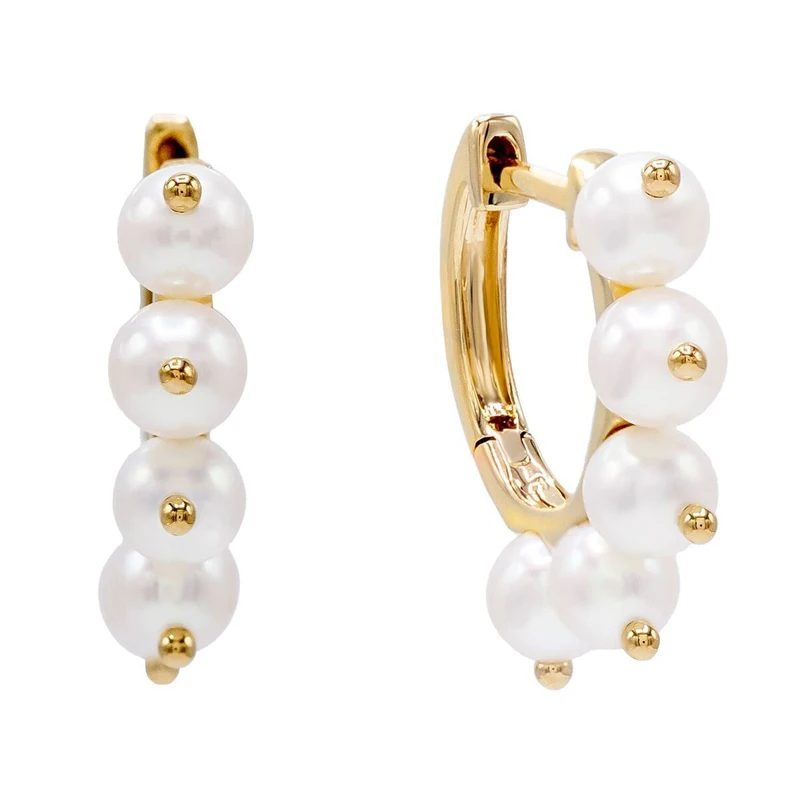 Natural Real Ocean Sea Pearl Dangle Huggie Hoop Earrings Solid 14K Yellow Gold Handmade Jewelry Manufacture
