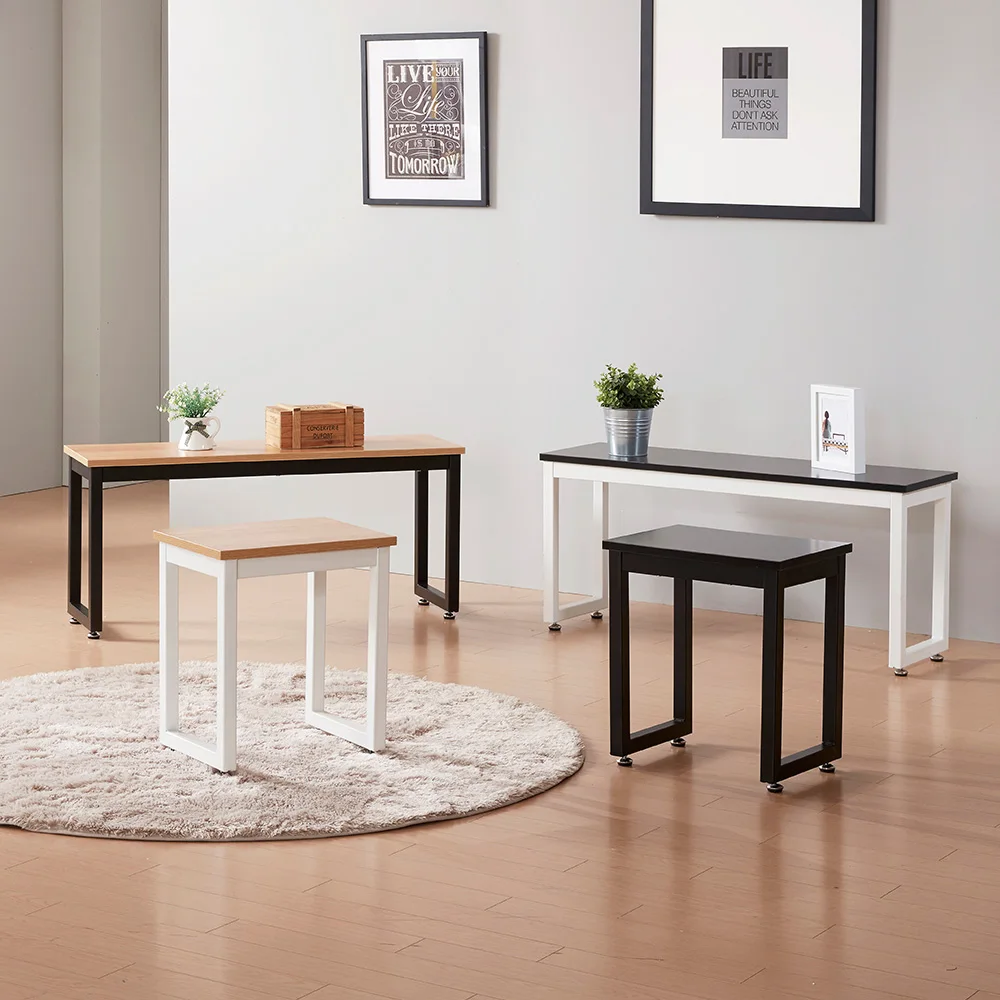 Design/modern Home/office Furniture, Wooden Metal Steel square Frame Dining Table Double Bench Chairs for Dining Room