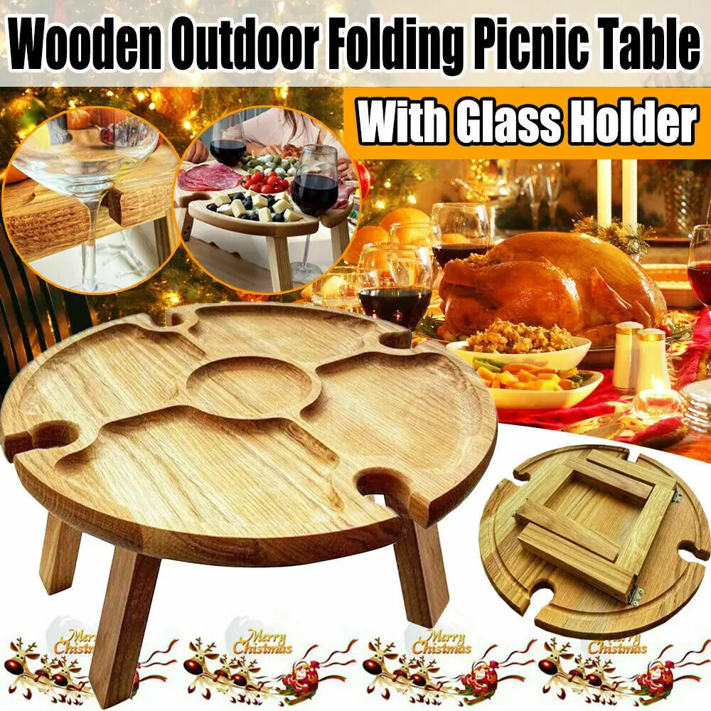 Natural Bamboo Wine Glass Holder Outside Outdoor Wine Table Wooden Foldable Beach Portable Tray Picnic Table