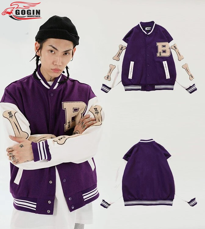 Wholesale Hip Hop Furry Bone Patchwork Color Block College Jackets Mens Casual Bomber baseball Jacket Women Baseball Coats