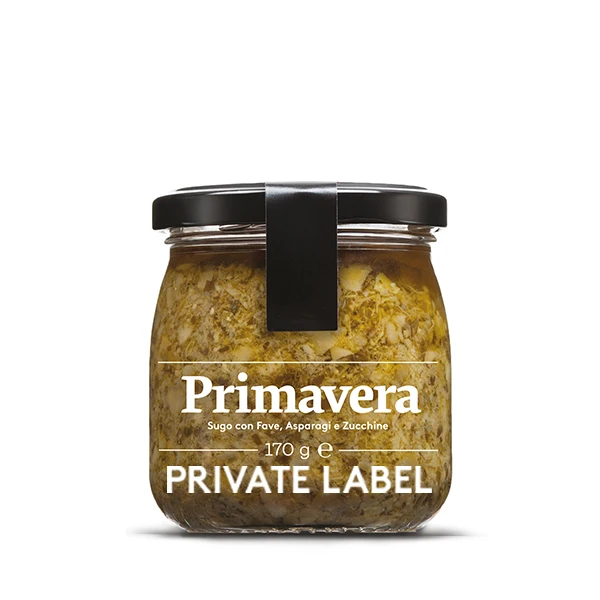 Private label OEM Italian Primavera sauce with broad beans, asparagus, zucchini and bacon for retail