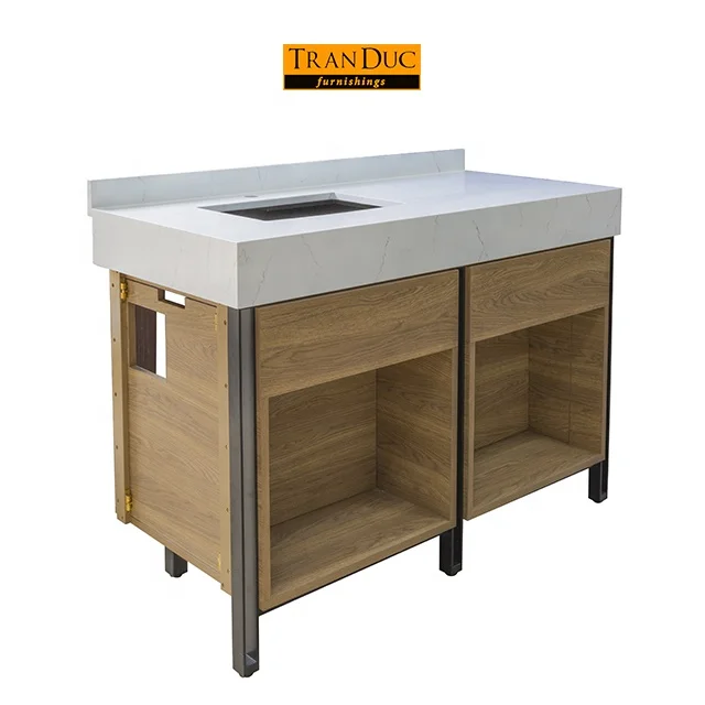 
Wooden hotel bathroom vanity with marble surface in white - hotel furniture 5 star 
