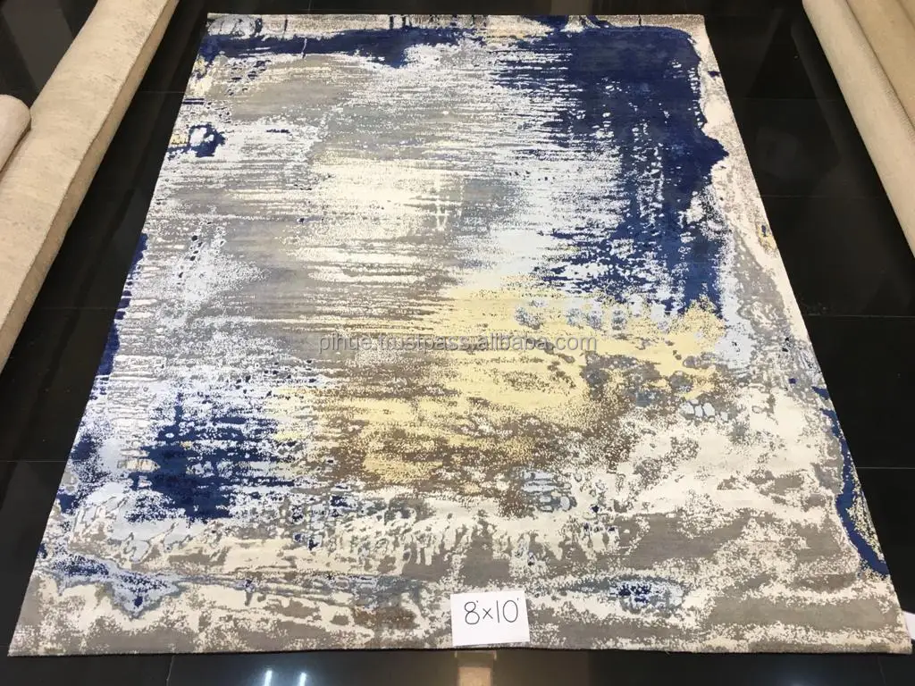 Сделанный на заказ красочный ковер из Индии шелковый ручной работы с узелком AZORE абстрактный художественный дизайн шелка и льна прямоугольная постельная комната