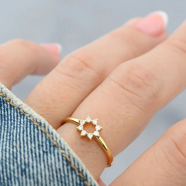 Dainty gold plating round shape cubic zircon ring sunburst sterling sliver ring