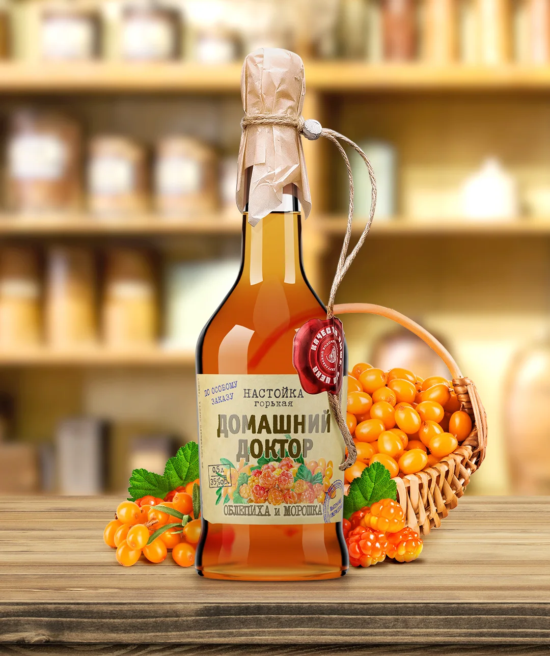 Русское натуральное сырье, стеклянная упаковка для бутылок (35% alc.) Облепиха и намотка «Family Doctor», 500 мл